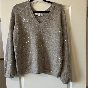 LOFT Gray V-Neck Sweater with Sequins